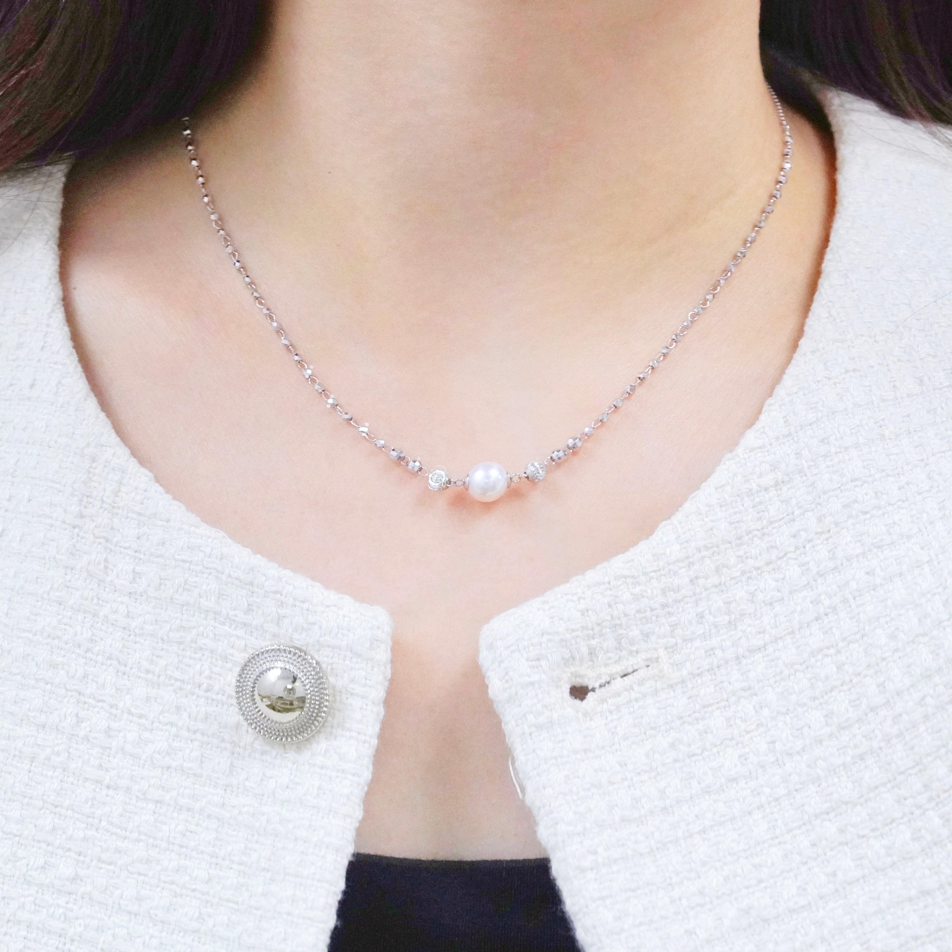 Akoya珍珠閃珠項鏈 Solitaire Akoya Pearl Laser Ball Chain Necklace