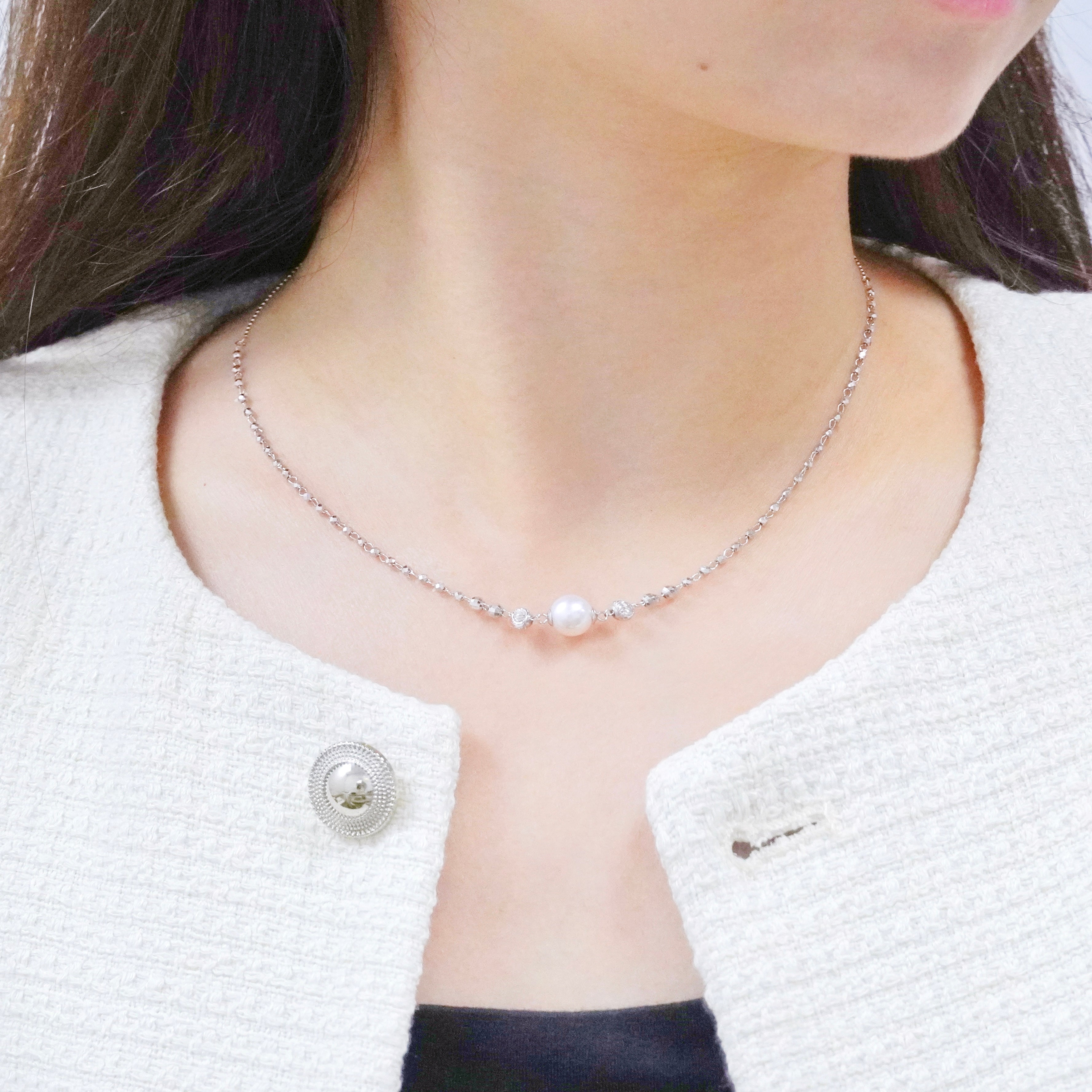 Akoya珍珠閃珠項鏈 Solitaire Akoya Pearl Laser Ball Chain Necklace